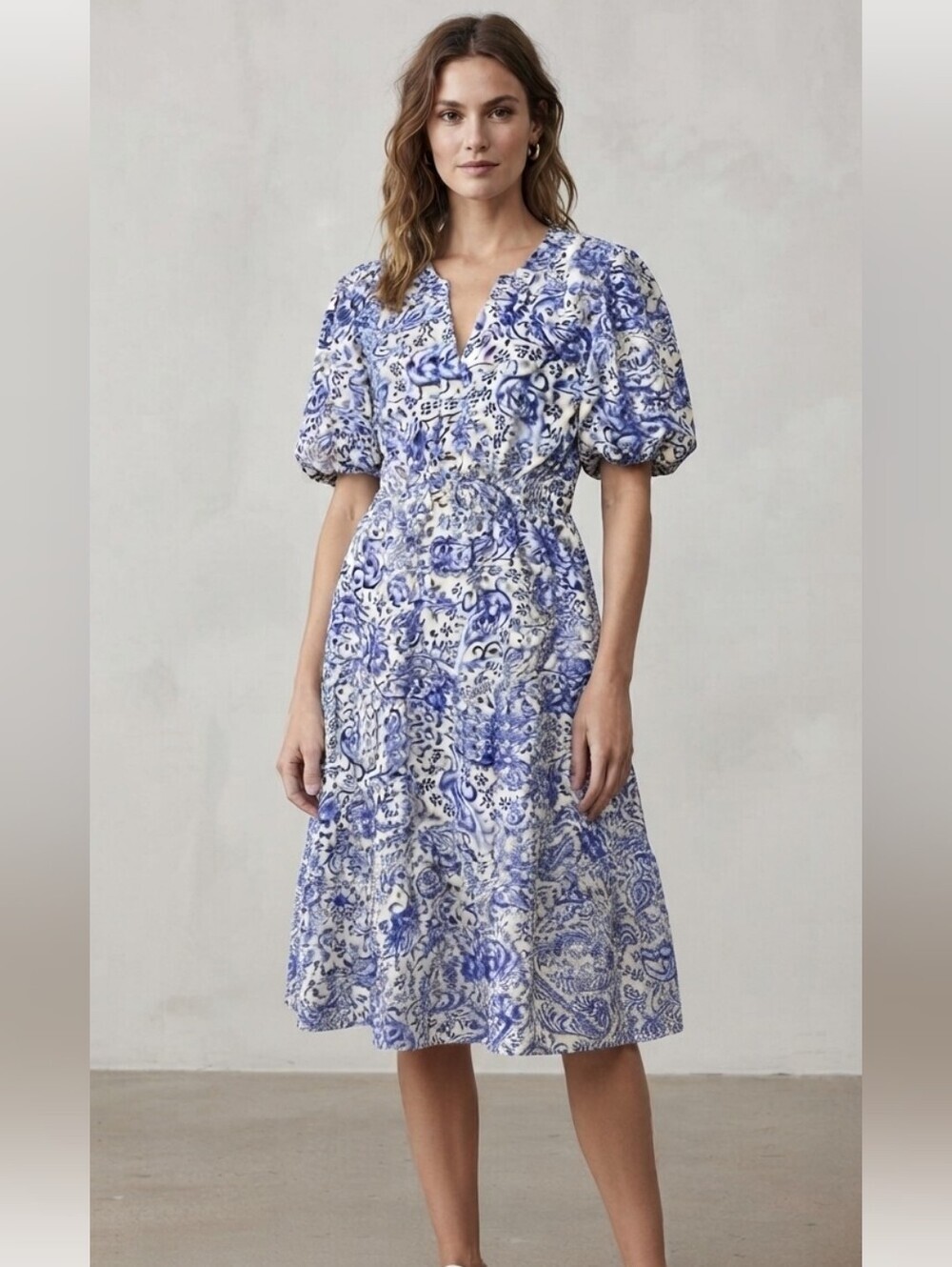 Harlow & Rose Puffy Sleeve Midi Dress Sz Large Blue/ivory